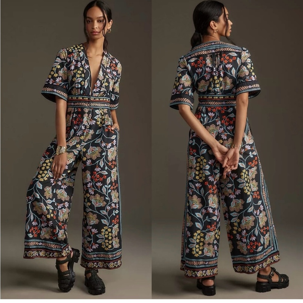 NEW Farm Rio Floral-print cotton-voile jumpsuit Size Small